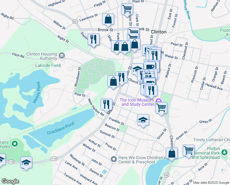 map of restaurants, bars, coffee shops, grocery stores, and more near 476 Main Street in Clinton