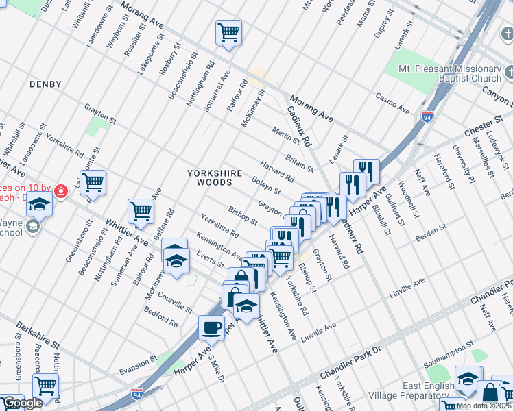 map of restaurants, bars, coffee shops, grocery stores, and more near 9275 Grayton Street in Detroit