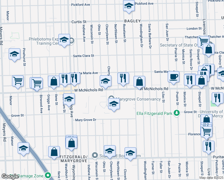 map of restaurants, bars, coffee shops, grocery stores, and more near in Detroit