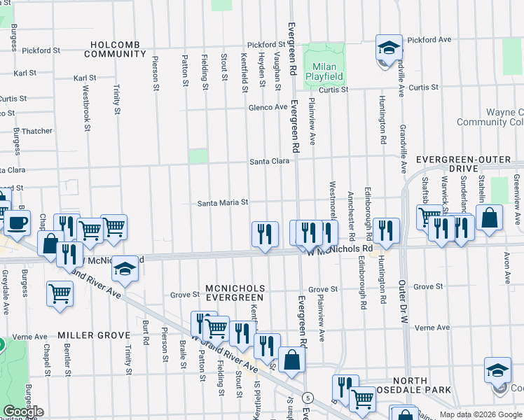 map of restaurants, bars, coffee shops, grocery stores, and more near 17230 Kentfield Street in Detroit