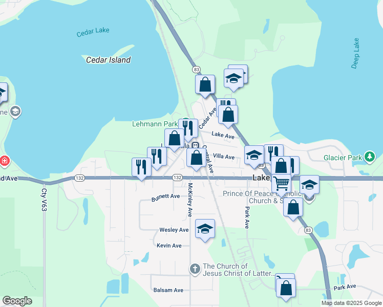 map of restaurants, bars, coffee shops, grocery stores, and more near in Lake Villa