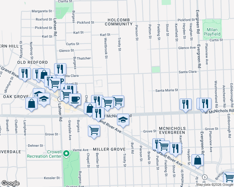 map of restaurants, bars, coffee shops, grocery stores, and more near 17251 Trinity Street in Detroit