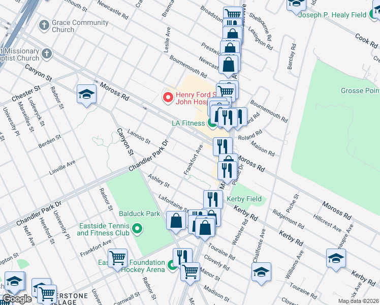map of restaurants, bars, coffee shops, grocery stores, and more near 5229 Hillcrest Street in Grosse Pointe