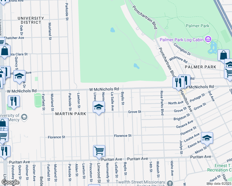 map of restaurants, bars, coffee shops, grocery stores, and more near 16936 La Salle Avenue in Detroit