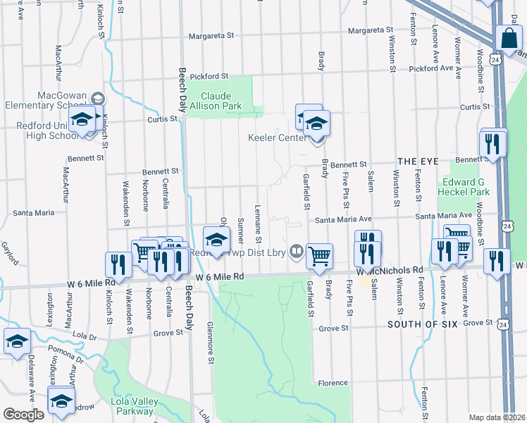 map of restaurants, bars, coffee shops, grocery stores, and more near 17330 Lennane in Redford Charter Township