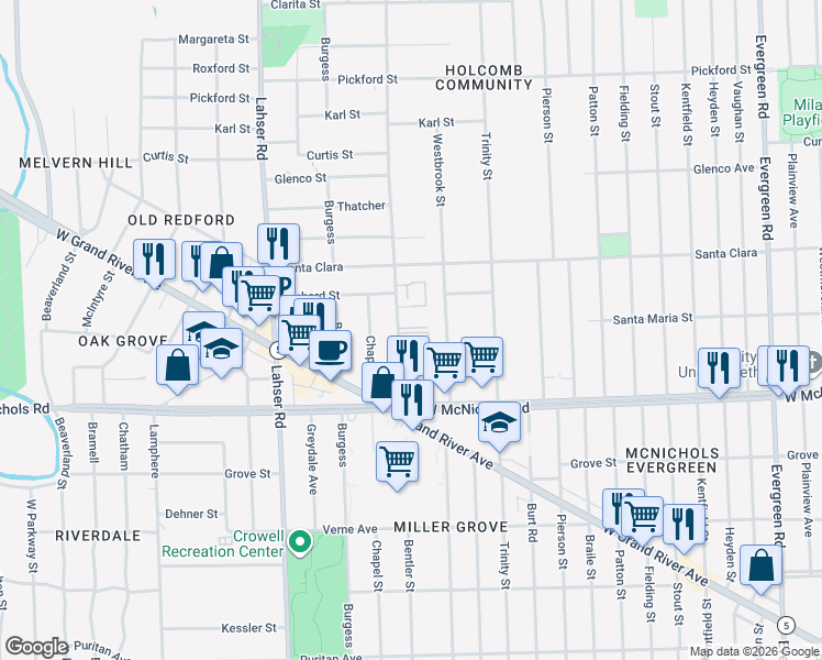 map of restaurants, bars, coffee shops, grocery stores, and more near 17274 Bentler Street in Detroit