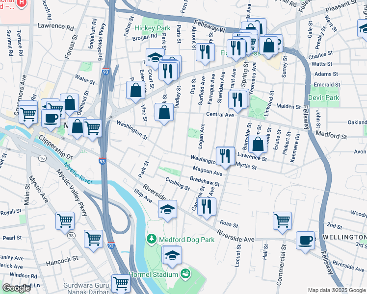 map of restaurants, bars, coffee shops, grocery stores, and more near 12 Otis Street in Medford