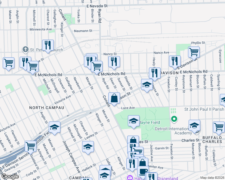map of restaurants, bars, coffee shops, grocery stores, and more near 13546 Ryan Road in Hamtramck