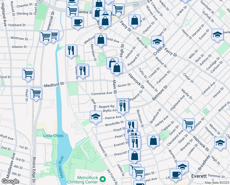 map of restaurants, bars, coffee shops, grocery stores, and more near 2 Converse Avenue in Malden