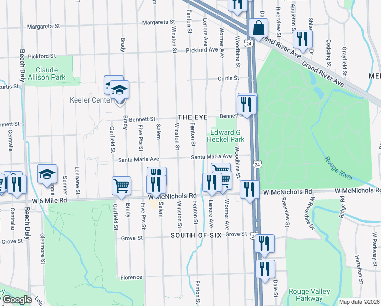 map of restaurants, bars, coffee shops, grocery stores, and more near 17315 Fenton in Detroit