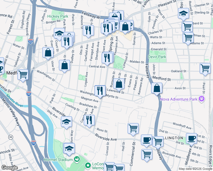map of restaurants, bars, coffee shops, grocery stores, and more near 125 Spring Street in Medford