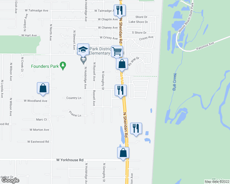 map of restaurants, bars, coffee shops, grocery stores, and more near 10041 West Howard Street in Beach Park
