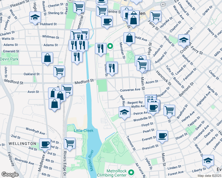 map of restaurants, bars, coffee shops, grocery stores, and more near 95 Converse Ave in Malden