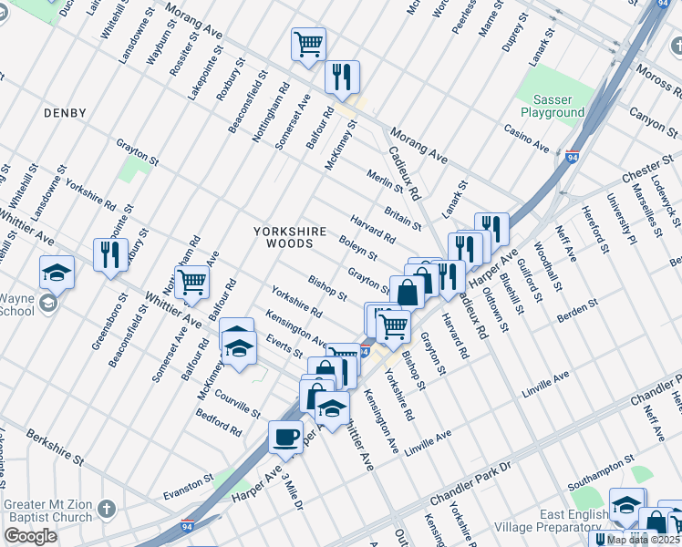 map of restaurants, bars, coffee shops, grocery stores, and more near 9275 Grayton Street in Detroit