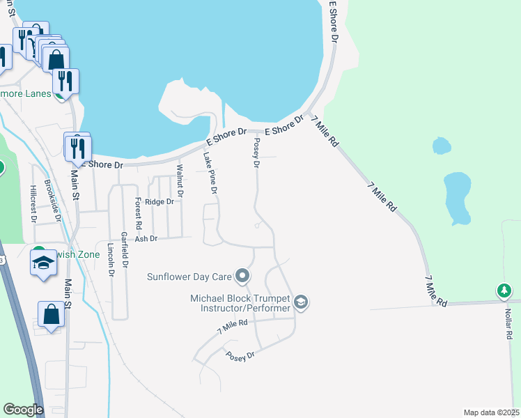 map of restaurants, bars, coffee shops, grocery stores, and more near 9098 Posey Drive in Whitmore Lake