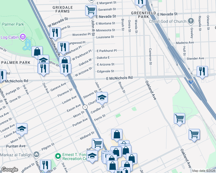 map of restaurants, bars, coffee shops, grocery stores, and more near 114 Stevens Street in Highland Park