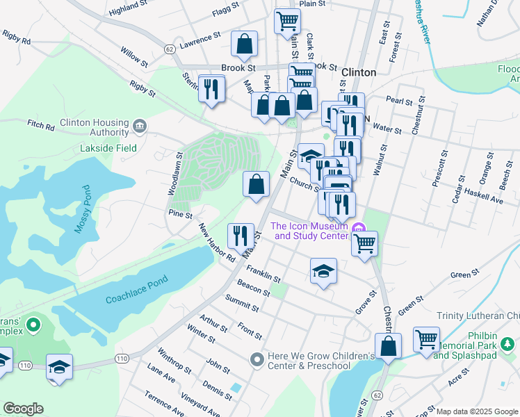 map of restaurants, bars, coffee shops, grocery stores, and more near 476 Main Street in Clinton