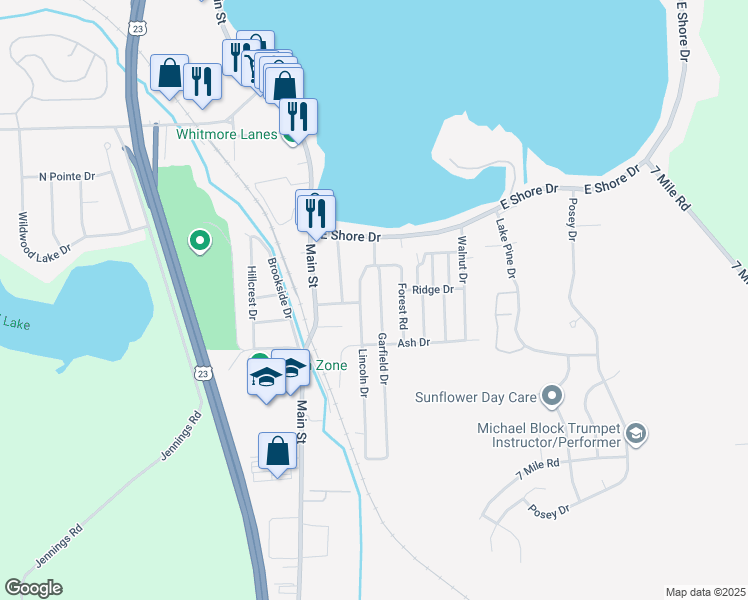 map of restaurants, bars, coffee shops, grocery stores, and more near 9110 Lincoln Drive in Whitmore Lake