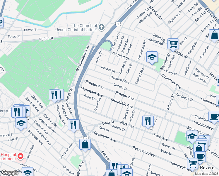 map of restaurants, bars, coffee shops, grocery stores, and more near 447 Proctor Avenue in Revere
