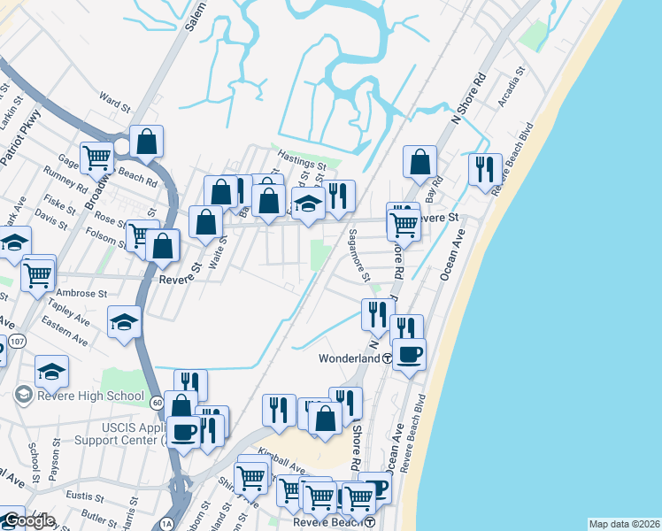 map of restaurants, bars, coffee shops, grocery stores, and more near 49 Washington Street in Revere