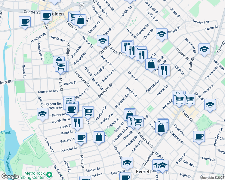 map of restaurants, bars, coffee shops, grocery stores, and more near 147 Belmont Street in Everett