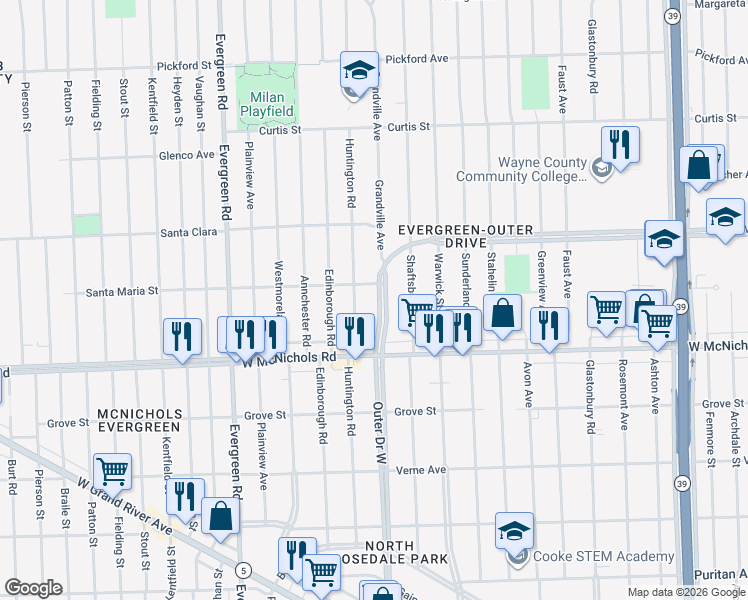 map of restaurants, bars, coffee shops, grocery stores, and more near 8842 Outer Drive West in Detroit