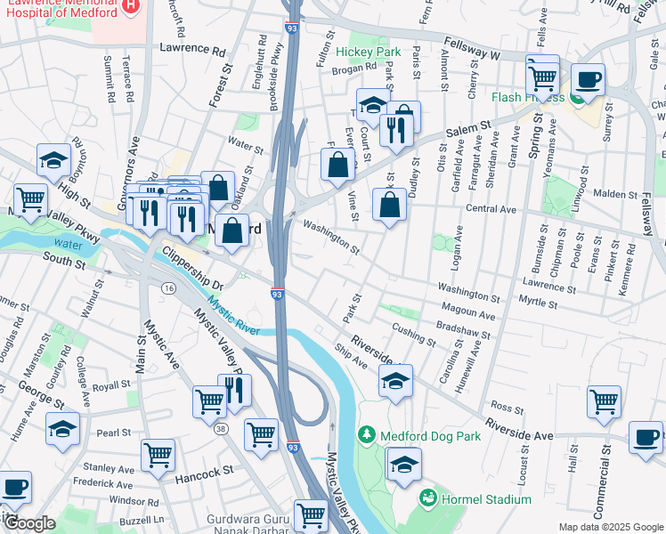 map of restaurants, bars, coffee shops, grocery stores, and more near 44 Pleasant Street in Medford