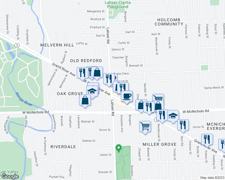 map of restaurants, bars, coffee shops, grocery stores, and more near 17336 Lahser Road in Detroit