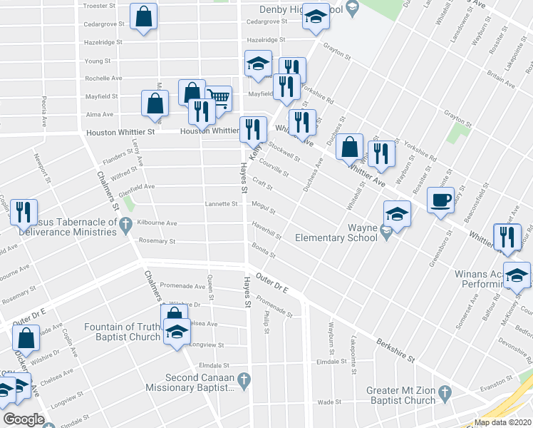 map of restaurants, bars, coffee shops, grocery stores, and more near 11075 Mogul Street in Detroit