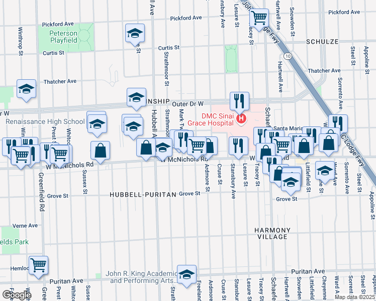 map of restaurants, bars, coffee shops, grocery stores, and more near 17078 Mark Twain Street in Detroit