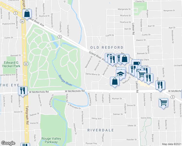 map of restaurants, bars, coffee shops, grocery stores, and more near 22632 Santa Maria Street in Detroit