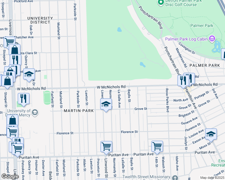 map of restaurants, bars, coffee shops, grocery stores, and more near 16950 Normandy Street in Detroit