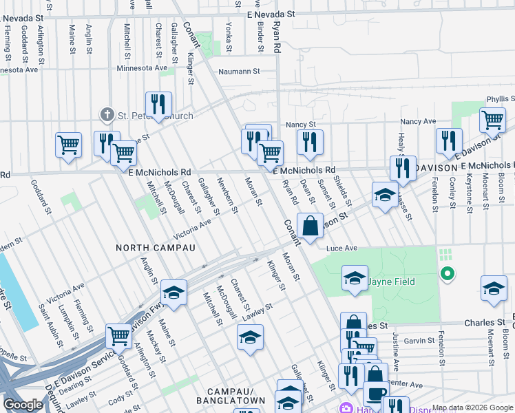map of restaurants, bars, coffee shops, grocery stores, and more near 13553 Moran Street in Hamtramck