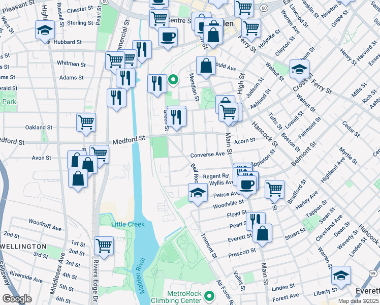 map of restaurants, bars, coffee shops, grocery stores, and more near 67 Converse Avenue in Malden