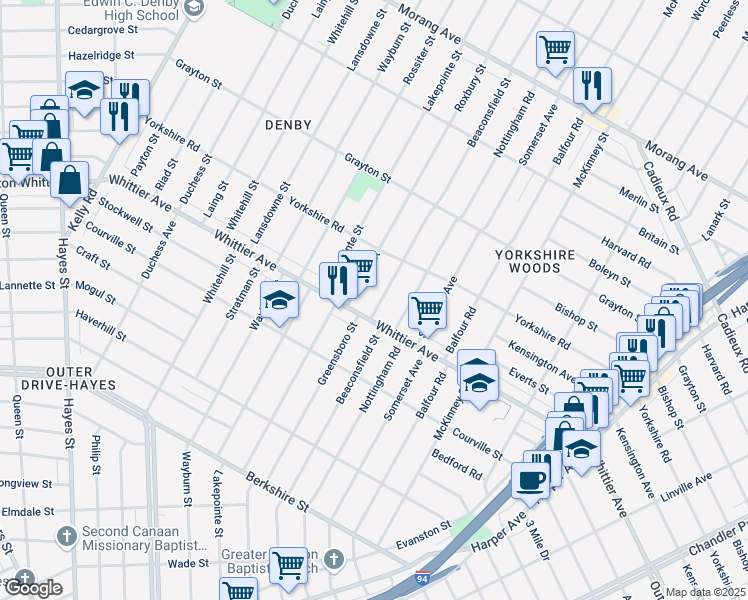 map of restaurants, bars, coffee shops, grocery stores, and more near 10531 Beaconsfield Street in Detroit