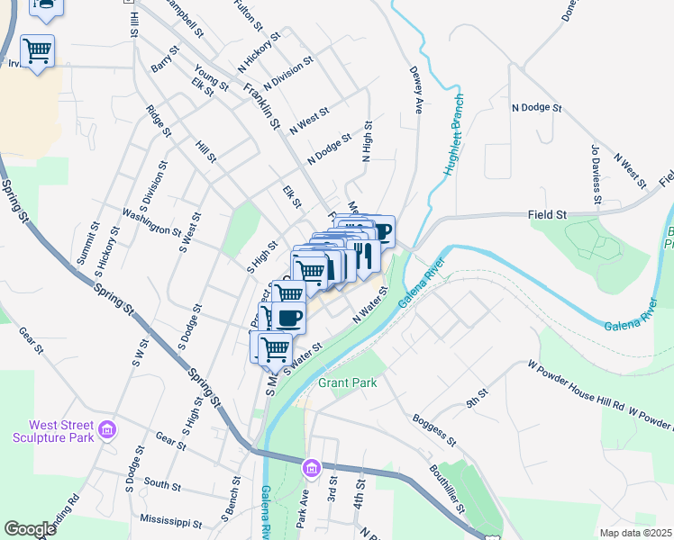 map of restaurants, bars, coffee shops, grocery stores, and more near 201 North Bench Street in Galena