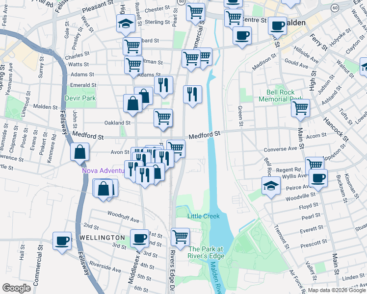map of restaurants, bars, coffee shops, grocery stores, and more near 285 Rivers Edge Drive in Malden