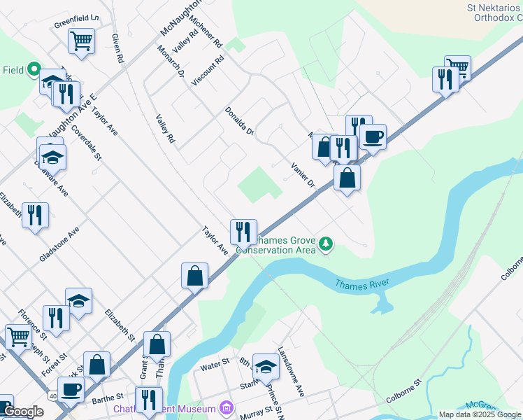 map of restaurants, bars, coffee shops, grocery stores, and more near 359 Grand Avenue East in Chatham