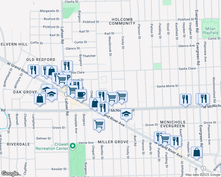 map of restaurants, bars, coffee shops, grocery stores, and more near 17255 Westbrook Street in Detroit