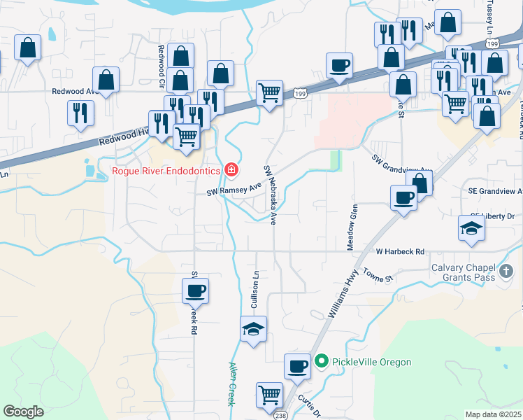 map of restaurants, bars, coffee shops, grocery stores, and more near 1881 Tamarac Lane in Grants Pass