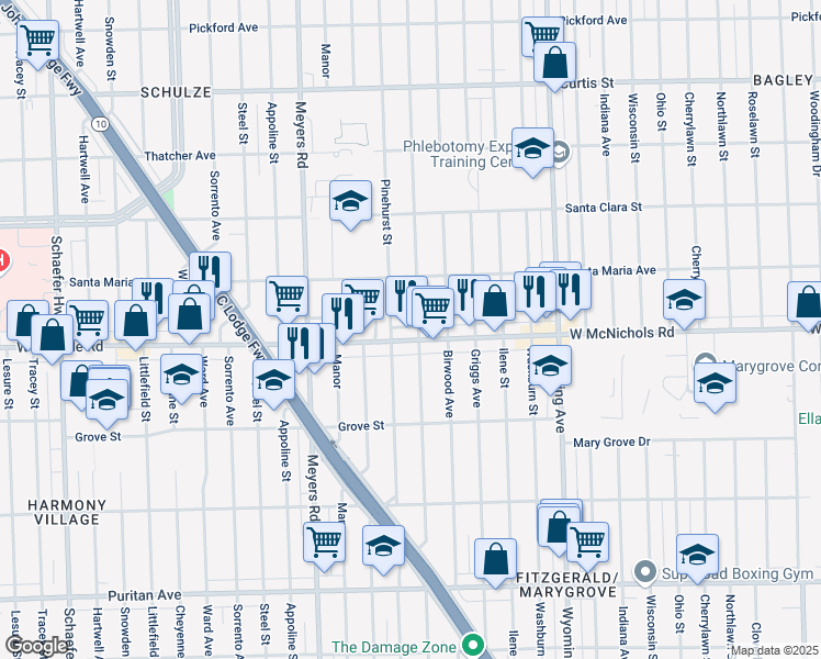 map of restaurants, bars, coffee shops, grocery stores, and more near 10500 West McNichols Road in Detroit