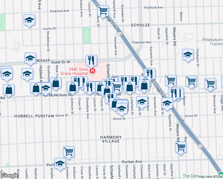 map of restaurants, bars, coffee shops, grocery stores, and more near 17126 Schaefer Highway in Detroit