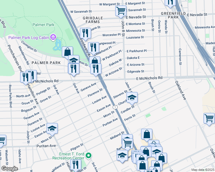 map of restaurants, bars, coffee shops, grocery stores, and more near 16490 Woodward Avenue in Highland Park
