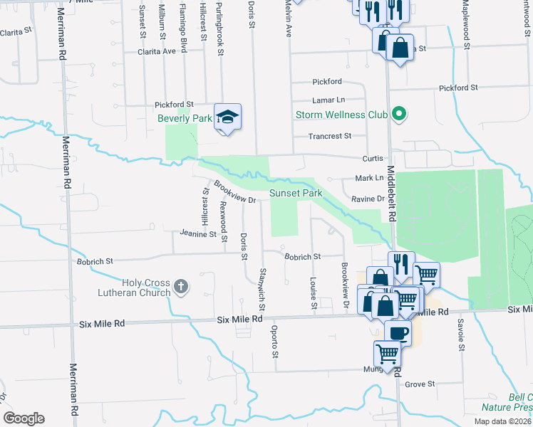 map of restaurants, bars, coffee shops, grocery stores, and more near 17524 Stamwich Street in Livonia