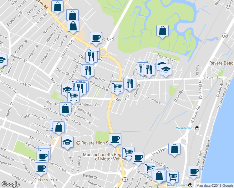 map of restaurants, bars, coffee shops, grocery stores, and more near 35 Tuttle Street in Revere