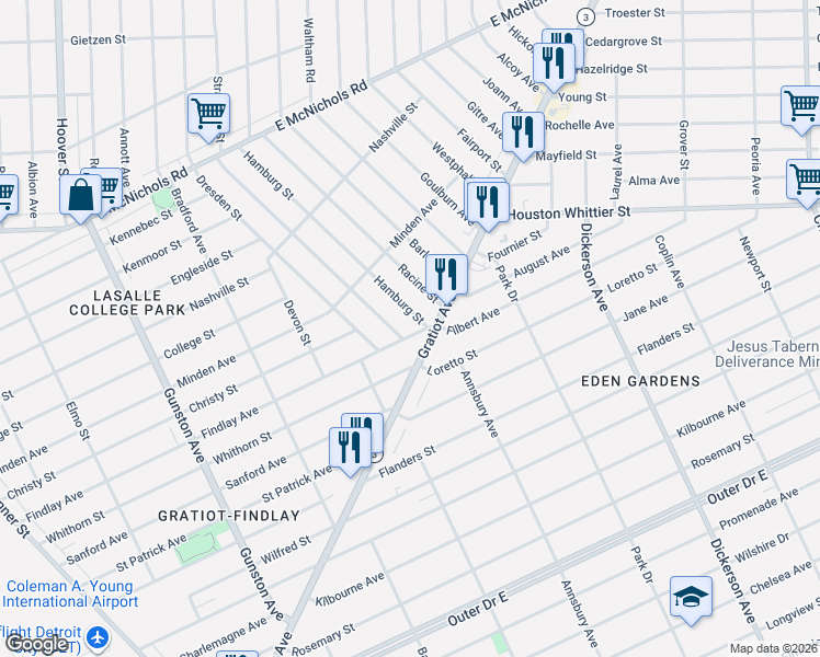 map of restaurants, bars, coffee shops, grocery stores, and more near 12417 Findlay Avenue in Detroit