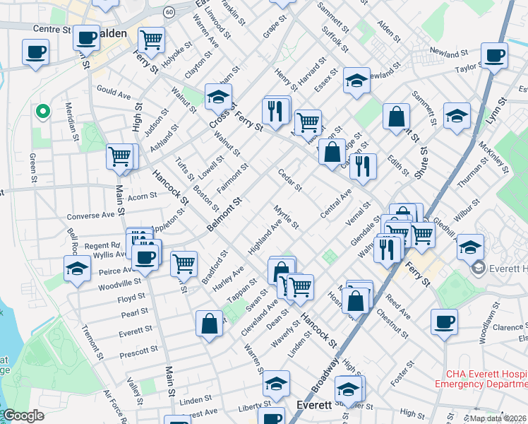 map of restaurants, bars, coffee shops, grocery stores, and more near 189 Bradford Street in Everett