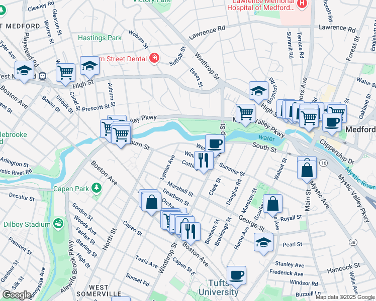 map of restaurants, bars, coffee shops, grocery stores, and more near 43 Winter Street in Medford