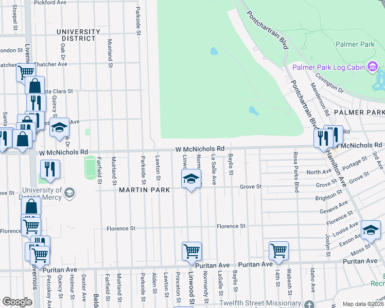 map of restaurants, bars, coffee shops, grocery stores, and more near 16950 Normandy Street in Detroit
