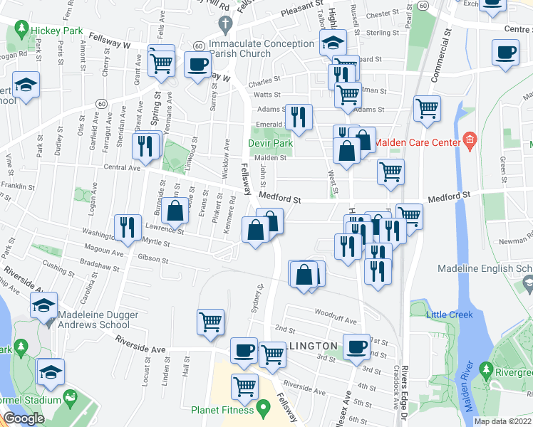 map of restaurants, bars, coffee shops, grocery stores, and more near 1033 Fellsway in Medford